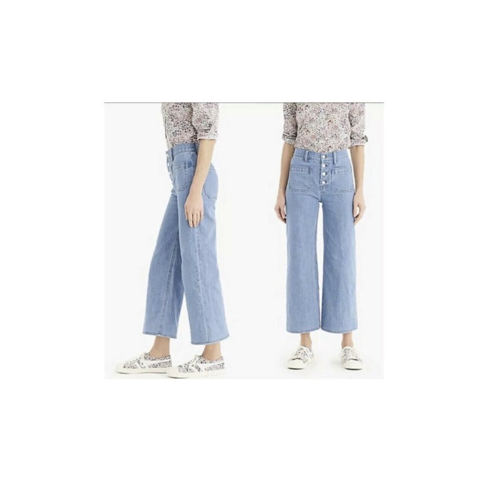 Point Sur Womens Wide Leg Cropped Jeans Blue Pocke